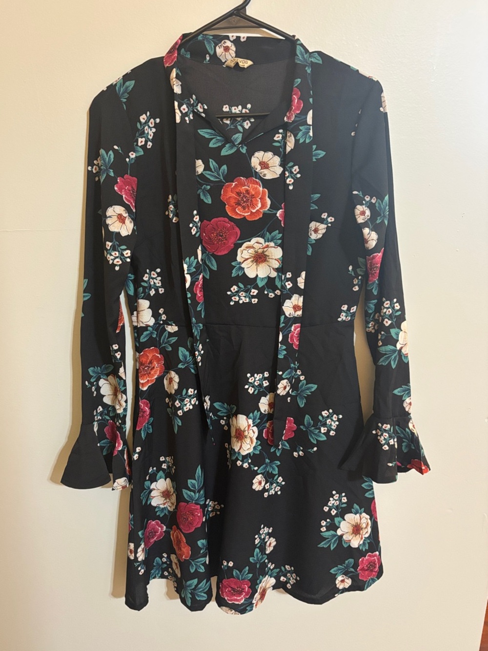 Acevog Black Floral Dress with Teal and Red Accents